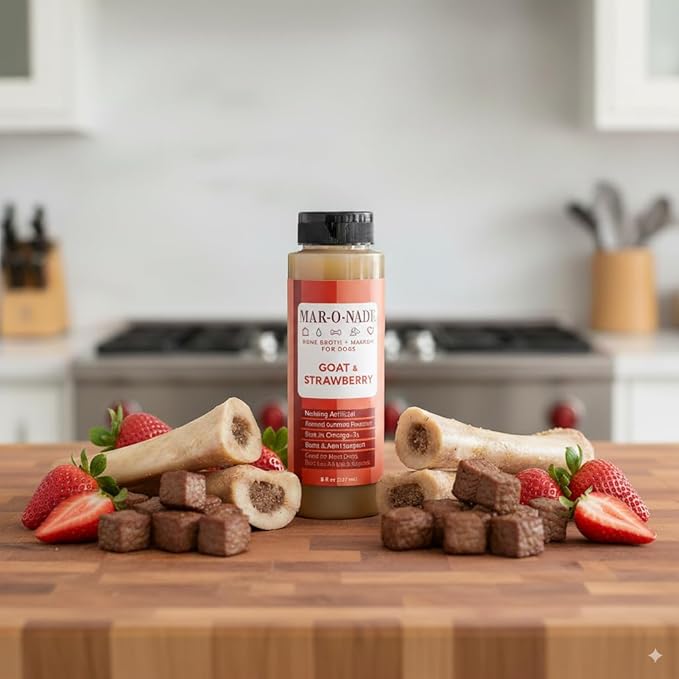 Bone Broth + Marrow Topper for Dogs - Goat & Strawberry, 8 fl oz - Grain-Free, AAFCO-Compliant, Small-Batch Nutritional Topper