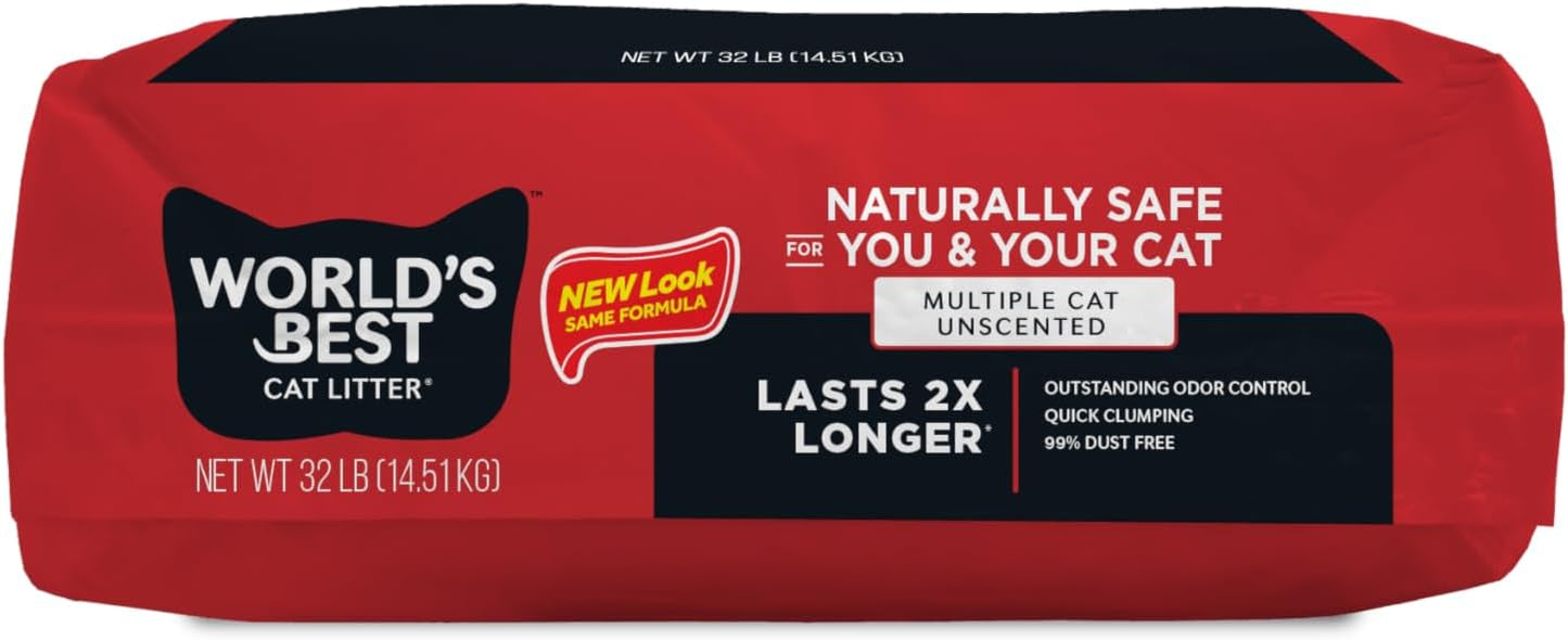 WORLD'S BEST CAT LITTER Multiple Cat Unscented, 32-Pounds - Natural Ingredients, Quick Clumping, Flushable, 99% Dust Free & Made in USA - Long-Lasting Odor Control & Easy Scooping