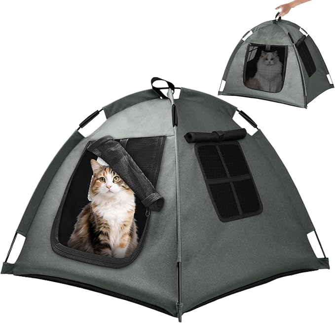 Portable Pet Tent with Full-Enclosure Zippered Mesh Door, Indoor & Outdoor Cat House for Safety & Ventilation, Cozy Nest for Cats, Puppies & Small Animals (Grey)