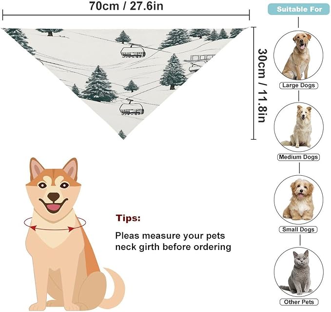 Dog Bandana Spring Pet Scarf Adjustable Triangle Ski Lift with Fir Tree Printing Dog Bib Washable Polyester Puppy Bandana for Small Medium Large Dogs Cat Birthday Party Supplies