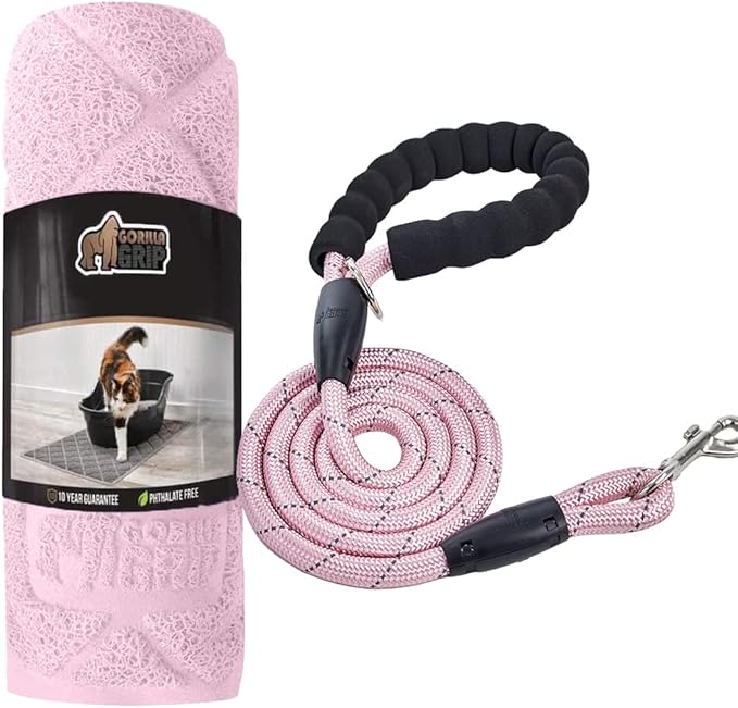 Gorilla Grip Cat Litter Trapping Mat and Pet Leash, Cat Litter Trapping Mat is 35x23 Inch, Pet Leash Includes Waste Bag Dispenser, Both in Pink Color, 2 Item Bundle