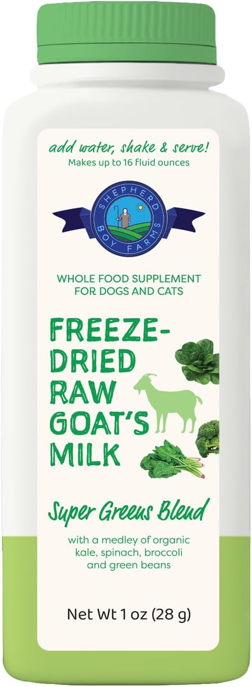 Shepherd Boy Farms Freeze Dried Raw Goats Milk with Probiotics for Dogs & Cats (Super Greens), Organic USA Veggies & Fruits, High Protein, Digestible Goat Milk Powder, Food Toppers - Makes 16 FL OZ
