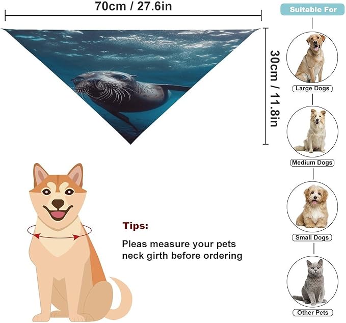 Dog Bandana Spring Pet Scarf Adjustable Triangle Underwater Sea Lion Printing Dog Bib Washable Polyester Puppy Bandana for Small Medium Large Dogs Cat Birthday Party Supplies