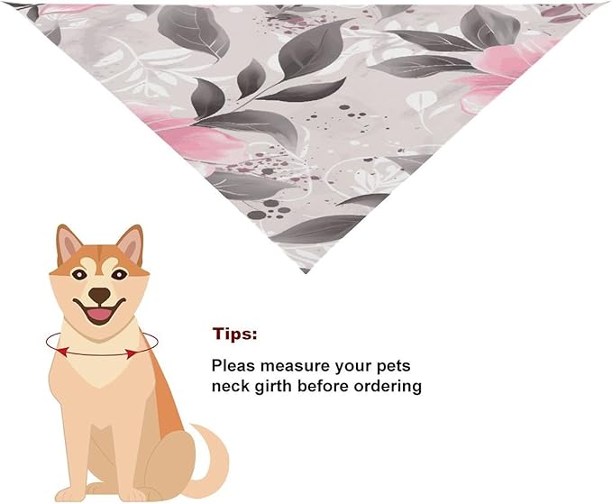 Dog Bandana Spring Pet Scarf Adjustable Triangle Pink Flowers and Leaves on Gray Printing Dog Bib Washable Polyester Puppy Bandana for Small Medium Large Dogs Cat Birthday Party Supplies
