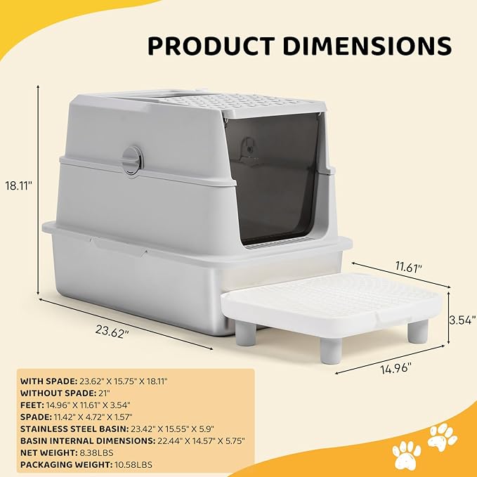 Outvita Stainless Steel Cat Litter Box with Lid 23.6", XL Metal Litter Box with Stair and Litter Scoop for Big Cats, Extra Large High Sided Enclosed, Anti-Leakage, Non-Sticky, Easy Cleaning
