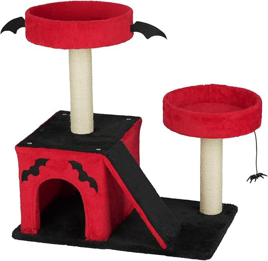 Gothic Cat Tree Tower for Large Cats, Red and Black, 27.5 Inches, with Condo, Perches, Sisal Scratching Posts, Ladder, Spider Toy, Halloween Theme