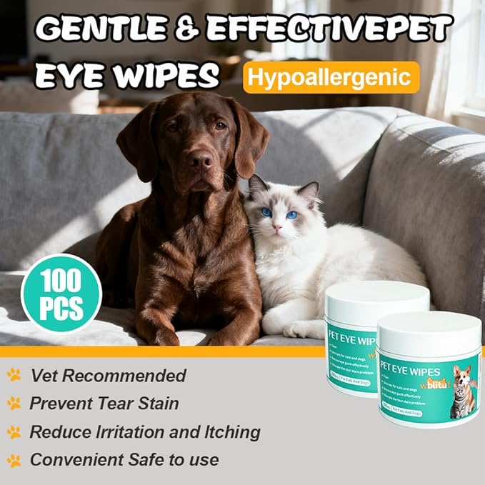 Pet Eye Cleaning Wipes for Dogs & Cats, 100 Count | Tear Stain Cleaning Pads with Aloe Vera & Chamomile, Gentle Formula, Lick-Safe, No-Rinse,Gentle Eye Wipes