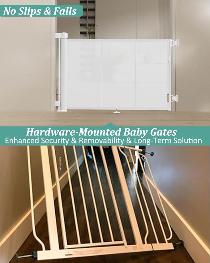71 inch Retractable Baby Gates 42 inch Tall, Retractable Gate with Reinforced Strip Design to Prevent Crawling Through, 6 FT Retractable Dog Gate for Stairs, Doorways, Hallways, Indoor/Outdoor