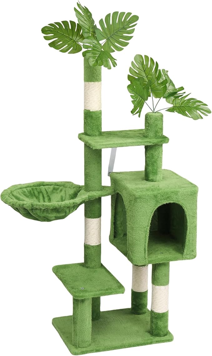 48in Plush Cat Tree with Leaves, Multi-Level Cat Tower with Scratching Post, Cozy Condo & Padded Perch, Dangling Ball for Kittens and Indoor Cats, Compact Cat Furniture for Small Spaces, Green