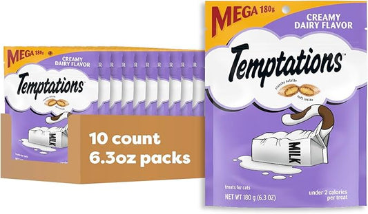 Temptations Cat Treats, Classic Crunchy and Soft Cat Treats, Creamy Dairy Flavor, 6.3 oz. Pouch (Pack of 10)