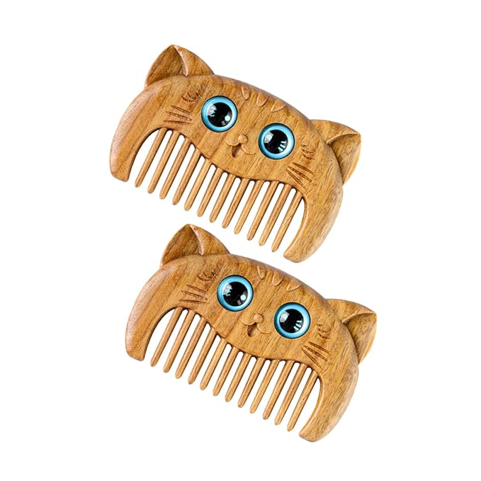2pcs Natural Wooden Beard Comb Green Sandalwood Hair Comb Cat Brush for Haired Cats Grooming Tool
