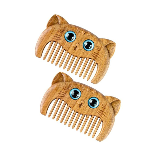2pcs Natural Wooden Beard Comb Green Sandalwood Hair Comb Cat Brush for Haired Cats Grooming Tool