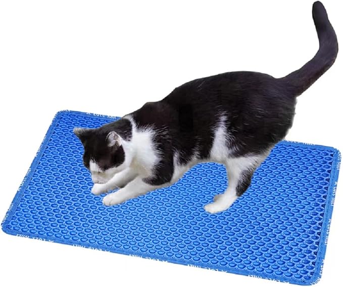 Cat Litter Mat for Pet Kitty Litter Box, Honeycomb Double Layer Cat Litter Box Mat, No Slip Cat Litter Trapping Mat, Urine and Water Resistant, Scatter Control, Washable Easy Clean, Blue