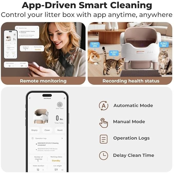 time-Limited seckill $147, Limited to 10 Units Self Cleaning Litter Box, Automatic Cat Litter Box with APP Control, Odor-Free Large Waste Bin, Open-Top for Multi Cats