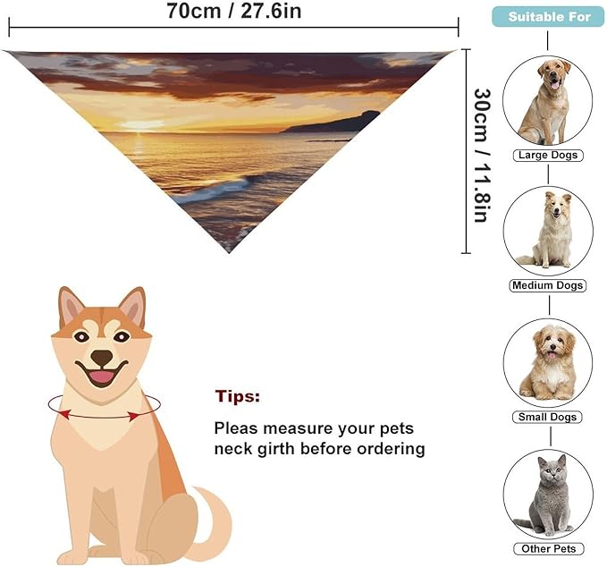 Dog Bandana Spring Pet Scarf Adjustable Triangle Seaside Sunset Printing Dog Bib Washable Polyester Puppy Bandana for Small Medium Large Dogs Cat Birthday Party Supplies