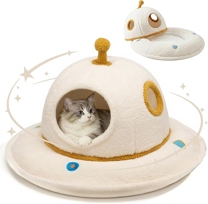 Cat Beds for Indoor Cats - 2 in 1 Cute Cat Bed Cave for Large Cats with Removable Washable Cushioned Pillow, UFO Cozy Large Cat Bed Hideaway (Up to 25 Lbs)