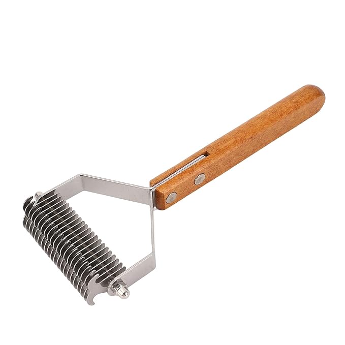 Focket Cat Grooming Brush, Stainless Steel Double Sided Pet Grooming Rake Ergonomic Anti Slip Wood Handle Pet Hair Removal Tool for Cats and Dogs (Large Size (24x18.5cm / 9.4x7.3in))