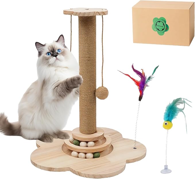 4 inch Wider Design for Large Cats Providing Greater Stability,4-in-1 Wooden Cat Scratcher Toy,Scratching Post&2-Level Track Tower with 8 Balls&2 Sisal Ball&2 Cat Wand Toy(15.8" L x 15.8" W x 19" H)
