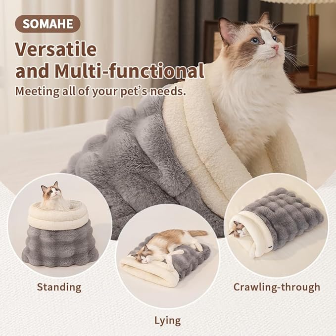 Self-Warming Cat Sleeping Bag, Enclosed Hooded Snuggle Sack with Dual-Side Plush Cat Cave Bed, Portable Foldable Pet Sleeping Pod for Indoor & Travel, Anti-Static, 21.7"x17.7"Pink