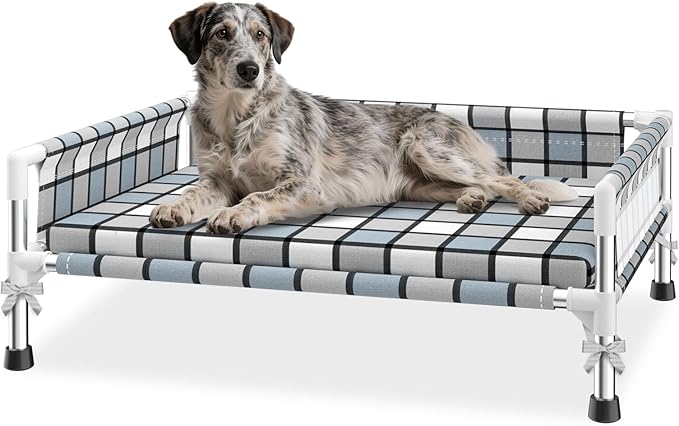 Elevated Raised Outdoor Dog Bed - Cooling Washable Dog Cot with Guardrail, Durable & Breathable Cotton Mesh Pet Hammock Beds with Stainless Steel Pipe Frame for Small Pets (Cushion-M)