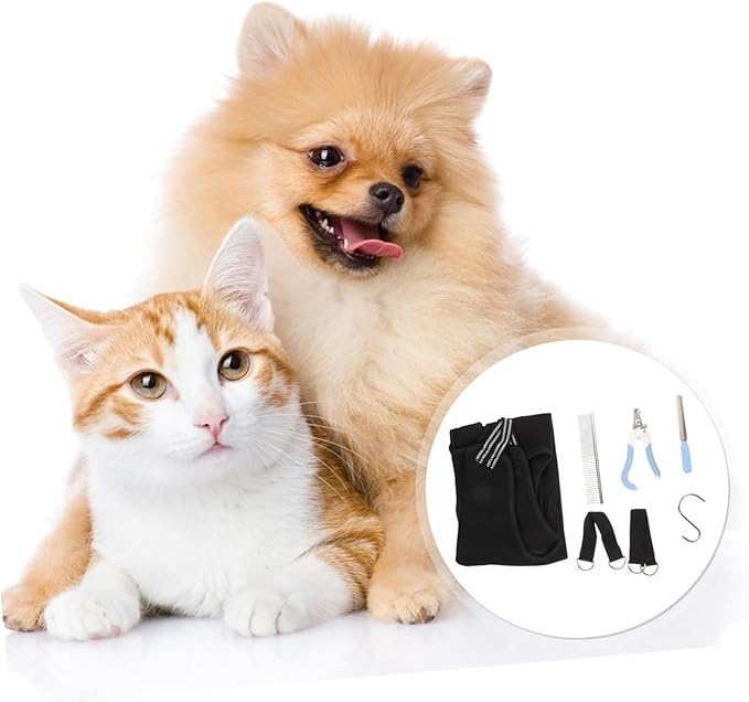 Happyyami 1Set Pet Grooming Hammock for Cats Dogs Ergonomic Nail Clipper Comb and File Kit Sturdy Hanging Grooming Harness for Easy Nail Trimming and Grooming Supplies