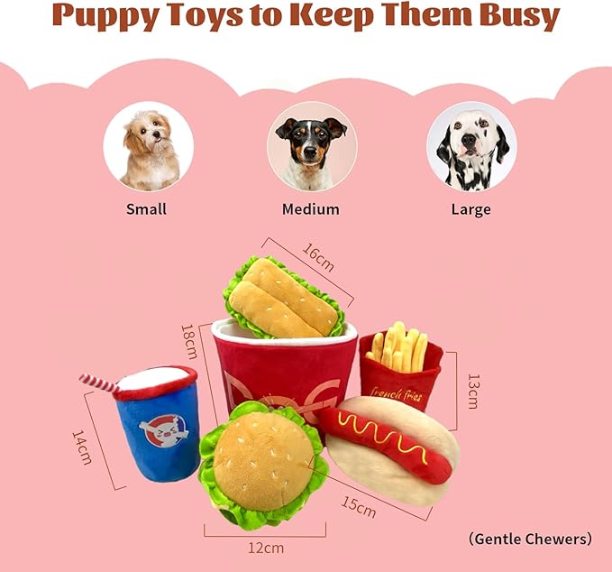6-Pack Crinkle Squeaky Dog Toys for Aggressive Chewers Fast Food Plush Chew Toys Pet Set: Hide Seek Bucket, Chicken Hamburg, Fries, Cola, Hot Dog Durable Stuffed Dog Toys for Medium Small Breeds Puppy