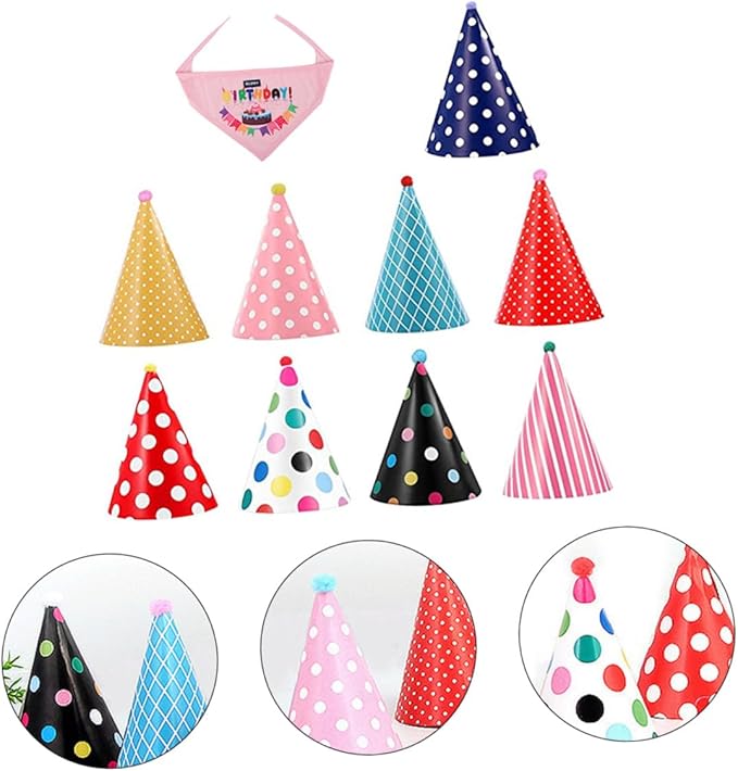 ibasenice Dog Birthday Party Hat and Saliva Bib Set, 9pcs Pet Birthday Caps with Bandana for Small to Medium Dogs, Decorative Pet Supplies for Celebration and Photo Sessions Random Color