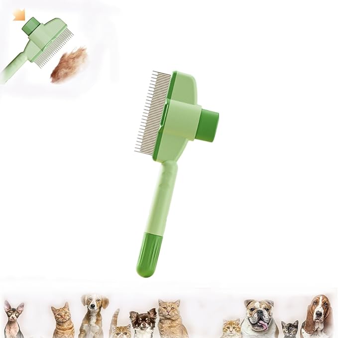Pet Hair Removal Comb Flea Comb, 2025 Cat Dog Brush for Massaging and Cleaning Shedding Pet Hair,New Cat Brush with Release Button,Pet Grooming Brush for Short&Long Hair(Green)