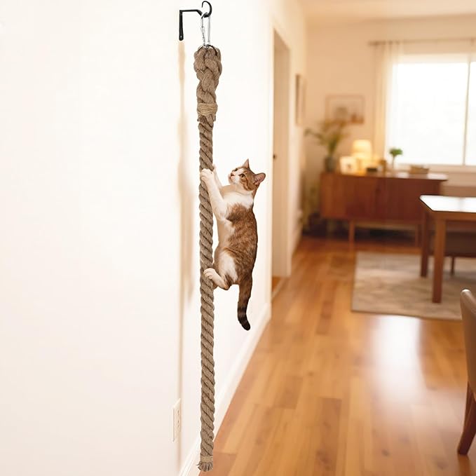 2" x 4.92Ft Cat Climbing Rope with Hook, Natural Cat Climbing Jute Rope for Wall Mounted, Durable Sisal Ropes for Indoor and Outdoor Cats Scratching Playing