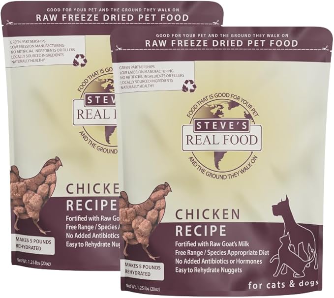 Steve's Real Food Freeze-Dried Raw Nuggets 2-Pack - Chicken Recipe - Raw Pet Food for Dogs and Cats - 20 oz in Each Bag