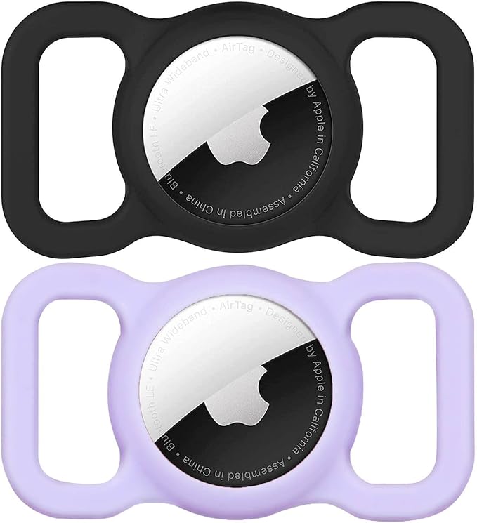 SWINCHO for AirTag Dog Collar Holder [2 Pack] Waterproof High-Strength Elastic Silicone Dog Cat Air Tag Holder(Purple&Black)