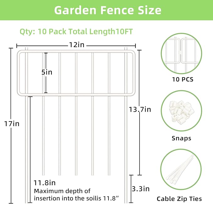 10 Pack Animal Barrier Fence, No Dig Fence Decorative Fences, 17in(H) x10ft(L) Rustproof Metal Small Garden Fence Border for Dogs Rabbits, Bottom Blocker for Outdoor Yard Patio, White