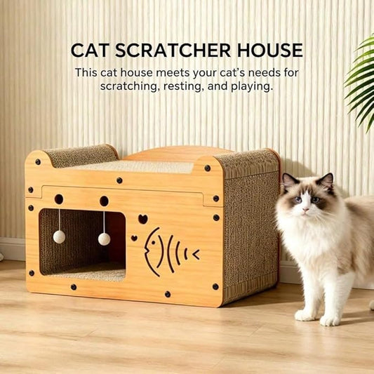 Multi-Function Cat Scratcher House Box,3-in-1 Scratch Pad and Soft Bed & Play Cave with Toys, Durable Build & Ideal for Cats/Kitty (Yellow,FX-SFPPY)