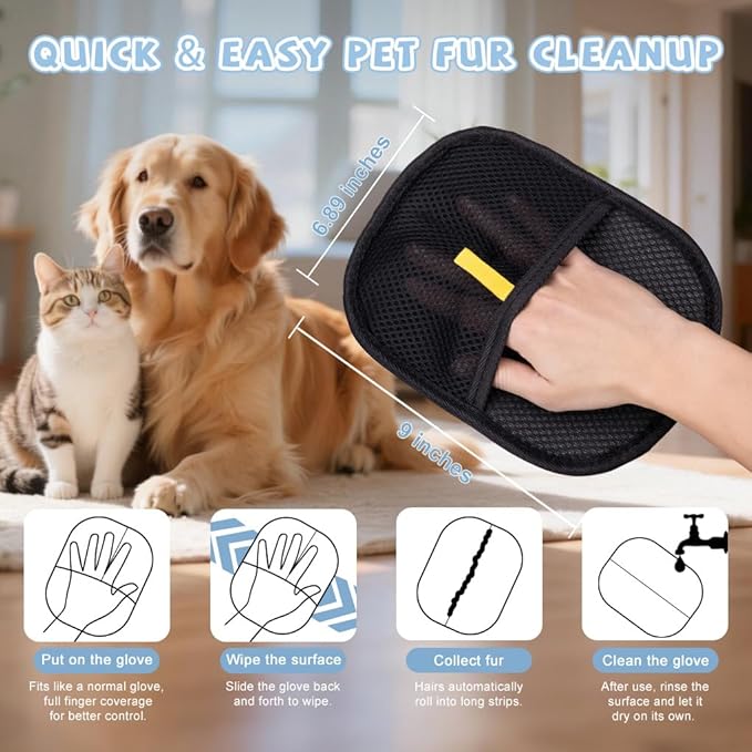2026 Upgrade Thickened Electrostatic Gloves for Pet Hair Remover, Magic Pet Hair Disappear Gloves, A Comb for Dog&cat and One More Keychain Used for Storing Commemorate Puppy Hari.(Black)