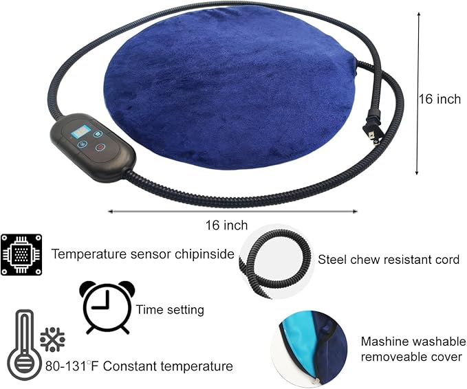 Pet Heating Pad for Cats & Small Dogs - Round 16 Inch,6 Heat Levels,Auto Shut Off Timer, Waterproof, Removable Washable Cover, Chew-Proof Cord, Digital Display