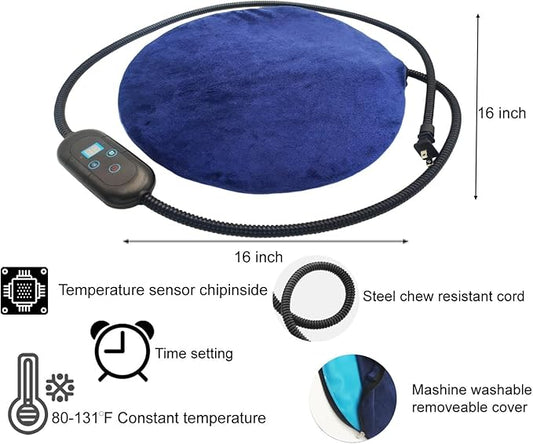Pet Heating Pad for Cats & Small Dogs - Round 16 Inch,6 Heat Levels,Auto Shut Off Timer, Waterproof, Removable Washable Cover, Chew-Proof Cord, Digital Display