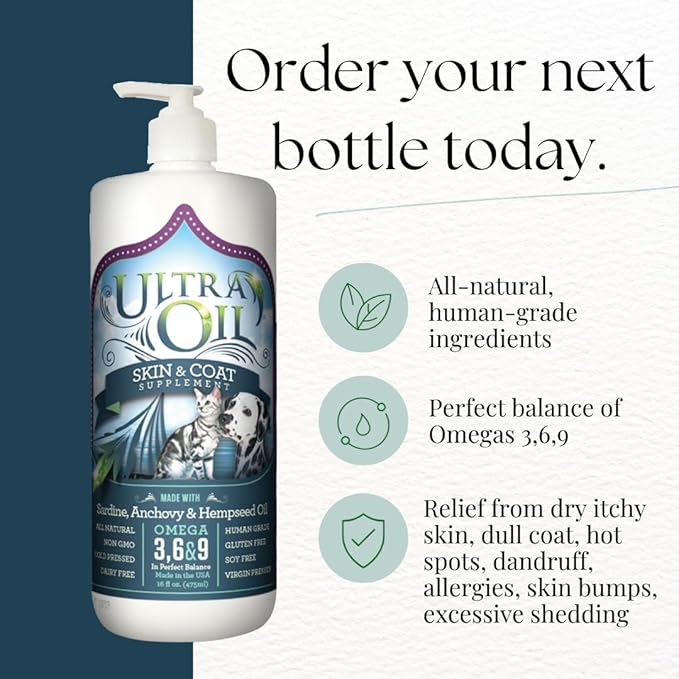 Ultra Oil Dog & Cat Supplement with Hemp, Flaxseed & Fish Oils - 32oz - For Dry Skin, Dull Coat, Hot Spots, Dandruff, Allergies