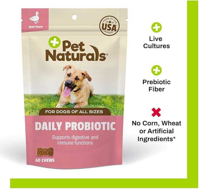 Pet Naturals Daily Probiotic for Dogs, 120M CFUs - Pre and Probiotics for Dogs Digestive Health, Gut Health, Immune Support, Diarrhea, Allergies and Itching - 60 Chews, Duck Flavor
