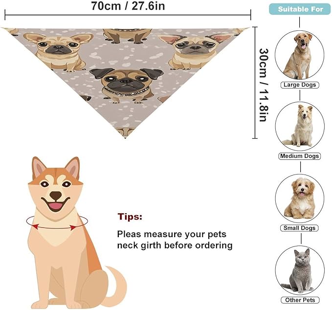 Dog Bandana Spring Pet Scarf Adjustable Triangle Cute Chihuahua Pug Pattern Printing Dog Bib Washable Polyester Puppy Bandana for Small Medium Large Dogs Cat Birthday Party Supplies
