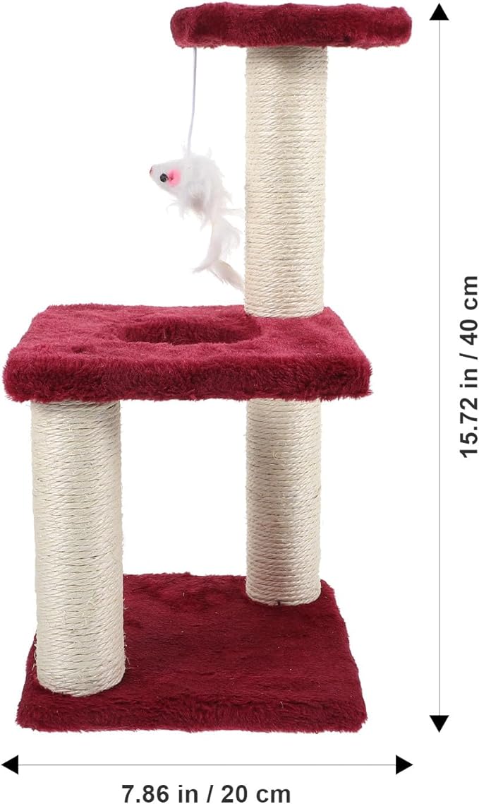 Homoyoyo Multi-Layer Sisal Cat Scratching Post with Mouse Three-Tier Indoor Climbing Tower for Cats Burgundy Sturdy Furniture for Comfortable Kitten Play and Claw Maintenance