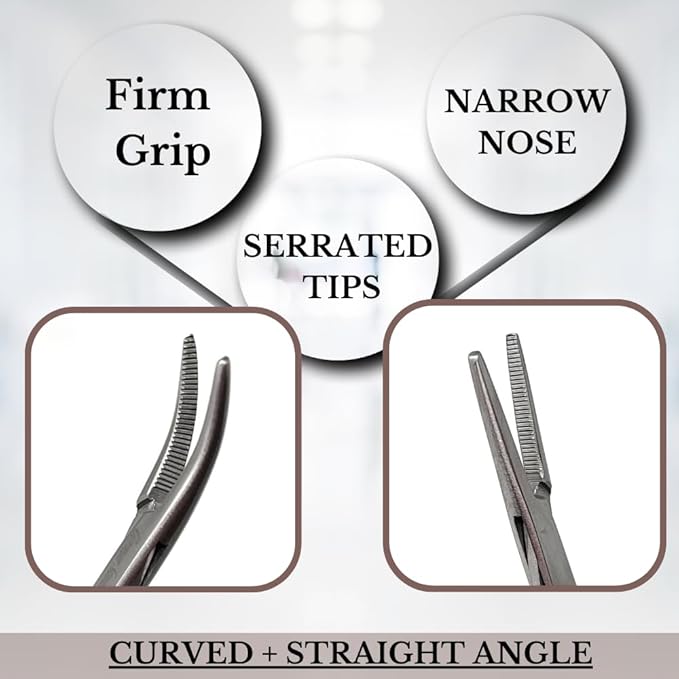 HTI Set of 2 Pcs Dog Cat Pet Hair Puller Remover Stainless Steel Hemostat Locking Forceps 5.5" Straight and Curved Full Serrated (Silver)