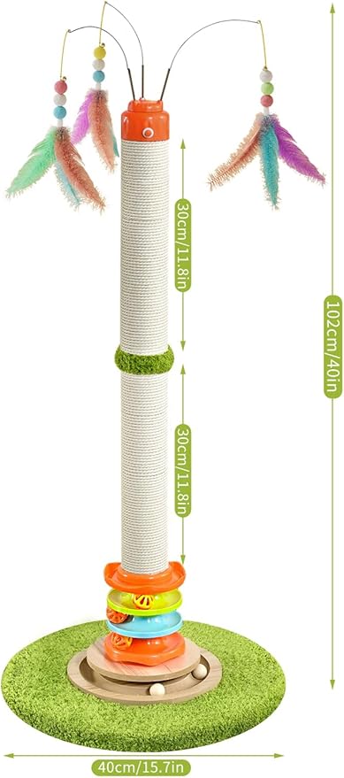 Cat Scratching Post，40'' Tall Cat Scratcher Tree Cat Toys for Indoor Cats with Cat Toys 4-Tier Roller Track，Automatically Rotating cat Teaser Wand，Hanging Balls for Kittens Adults Cats