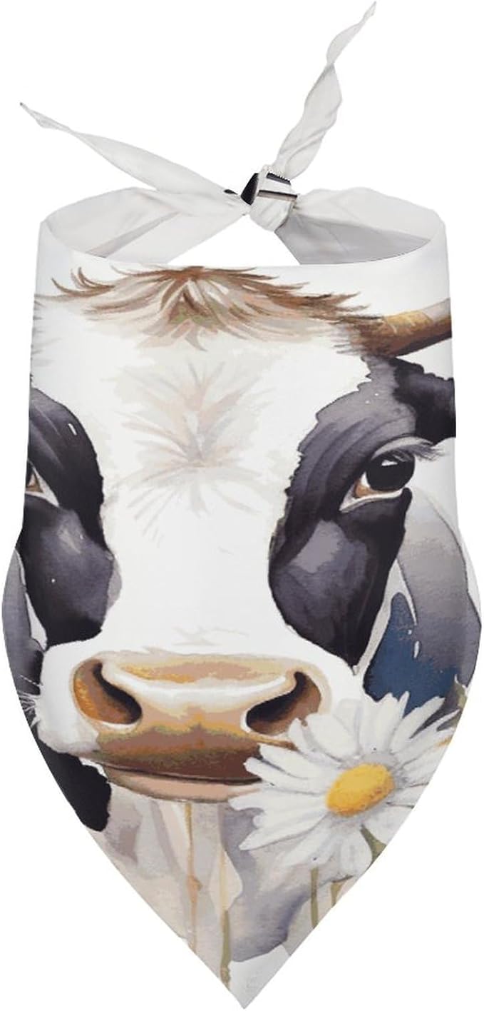 Dog Bandana Spring Pet Scarf Adjustable Triangle Watercolor Cow and Daisy Flower Printing Dog Bib Washable Polyester Puppy Bandana for Small Medium Large Dogs Cat Birthday Party Supplies