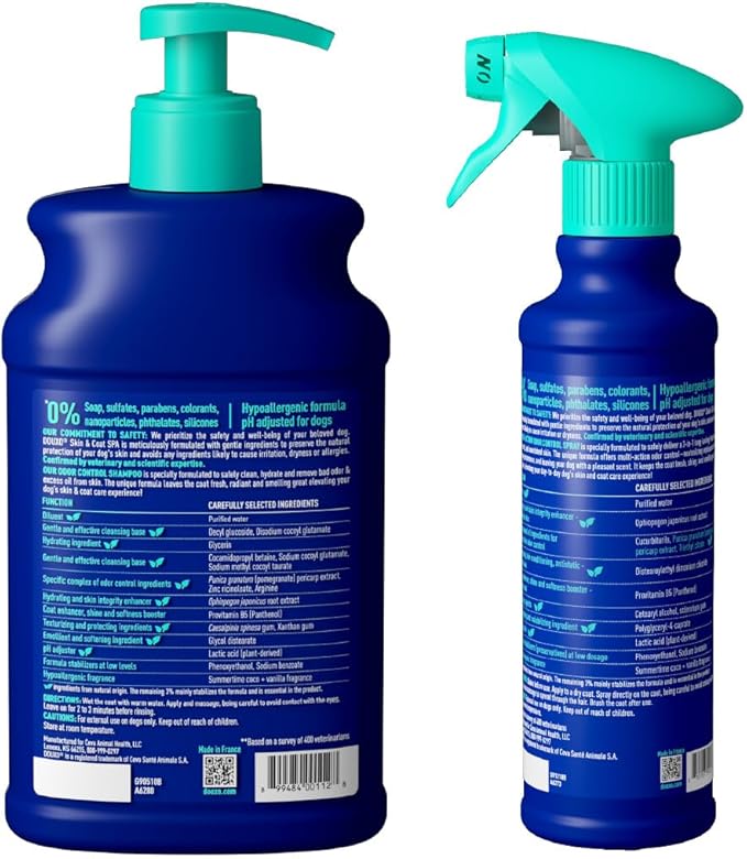 DOUXO® Skin & Coat SPA – Ultra-Safe Combo for Dogs, Odor Control Shampoo (16 fl oz, Cleanses & Removes Odor) + Multi-Action Odor Control Spray (11.5 fl oz, Deodorizes)