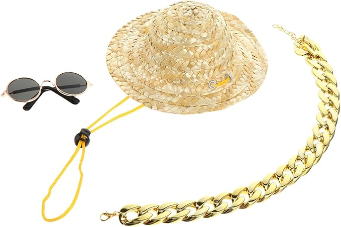 STOBAZA Dog Straw Hat Sunglasses Necklace Set for Puppies Vintage Style Pet Hat Accessories for Small Dogs 3pcs Summer Pet Supply