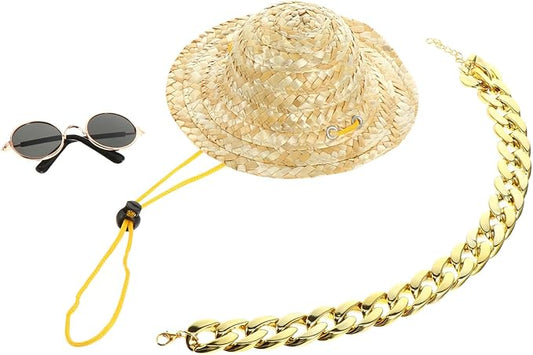 STOBAZA Dog Straw Hat Sunglasses Necklace Set for Puppies Vintage Style Pet Hat Accessories for Small Dogs 3pcs Summer Pet Supply