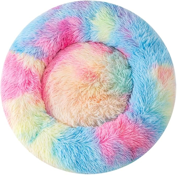 Calming Cat Beds for Indoor Cats Donut Small Dog Bed for Anxiety Plush Soft Kitten Bed Fluffy Faux Fur Rabbit Pillow Non Slip Bottom Indoor for Puppies and Cats for 3KG