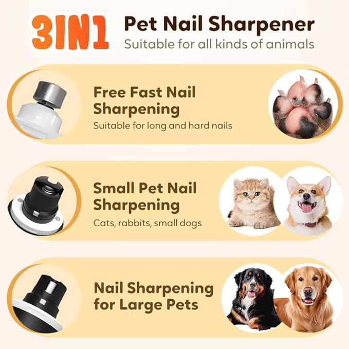 Safe Cut Cat Nail Trimmer, 2025 Upgraded 3 Adjustable 360° Grinding Settings, Low-Vibration Ultra-Quiet Under 40dB, Powerful for All Cats & Dogs, Easy to Clean (Black+6*Heads)
