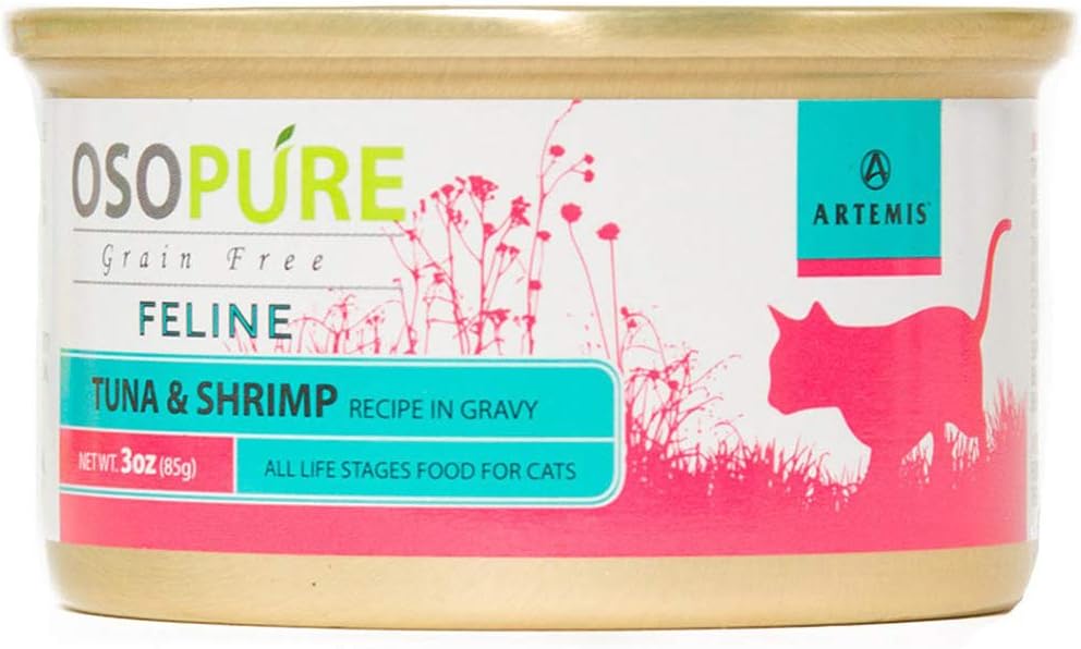 ARTEMIS Wet Canned Gravy Cat Food - OSOPURE Grain Free Limited Ingredient Formula Tuna Shrimp Protein Nutrition All Life Stages 3 oz Pack of 24 cans