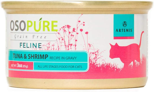 ARTEMIS Wet Canned Gravy Cat Food - OSOPURE Grain Free Limited Ingredient Formula Tuna Shrimp Protein Nutrition All Life Stages 3 oz Pack of 24 cans